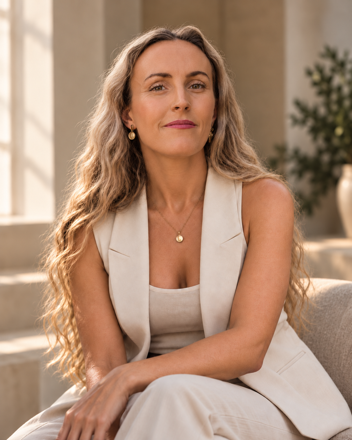 Dr Freya Savoy seated, calm and composed in warm natural light