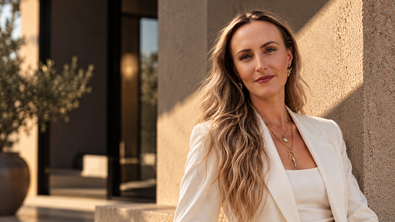 Dr Freya Savoy in an ivory blazer beside a sunlit stone wall